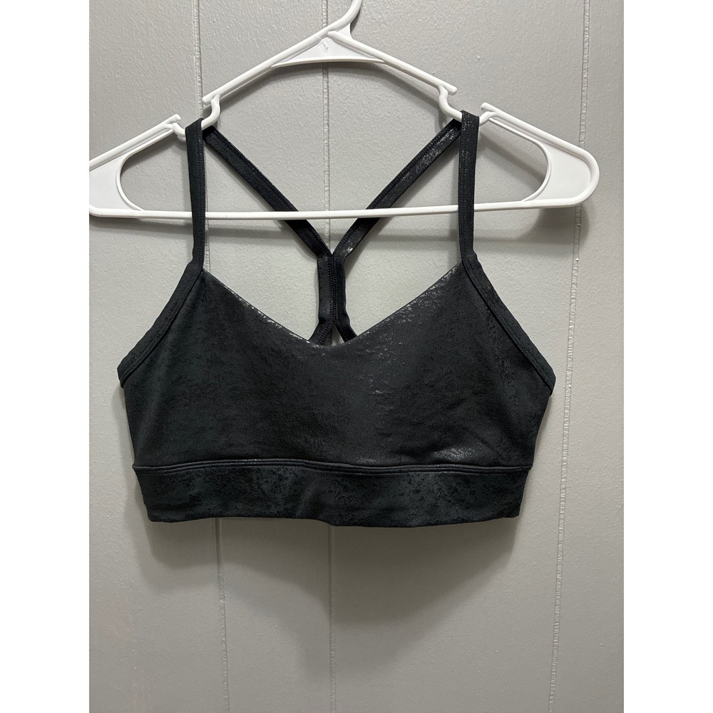 Black Metallic Foil Crackle V-Neck Racerback Sports Bra Activewear
